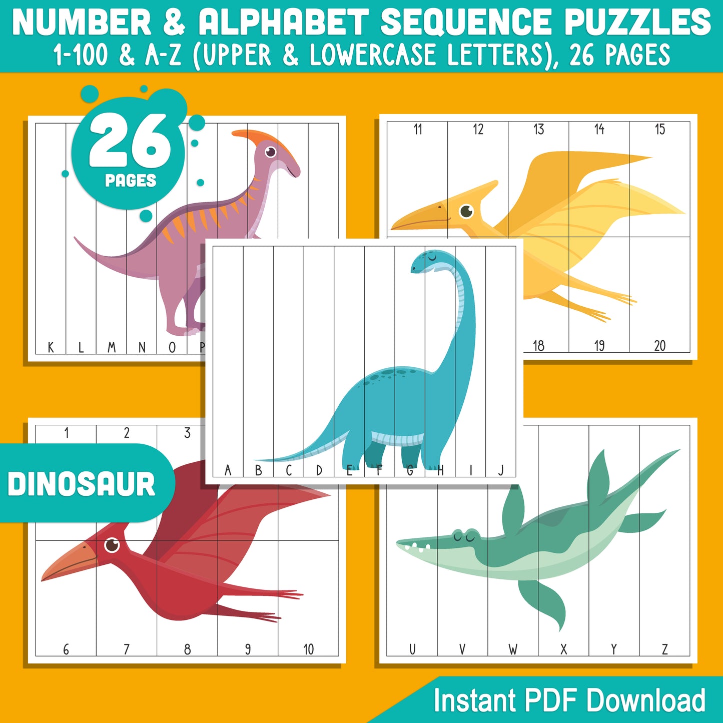 Dinosaur Number and Alphabet Stripe Puzzles: 1-100 Counting and A-Z Sequencing for Toddlers, Preschool, and Kindergarten, Printable PDF for Math Centers