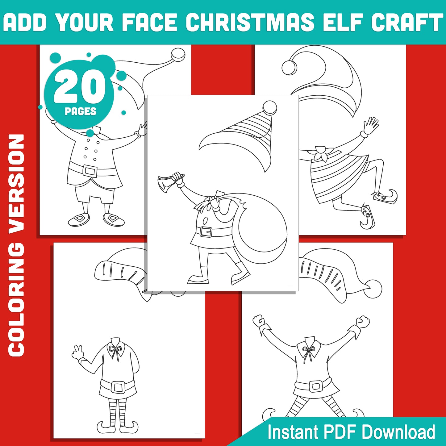 Add Your Face Christmas Elf Craft – Coloring Version, Christmas Elf Cut and Paste Templates, Kids Holiday Craft for Home or Classroom, Printable 20 Pages PDF 8.5x11