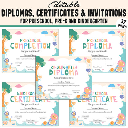 Editable Kindergarten, PreK, Preschool Diplomas, Certificates & Invitations – 37 Customizable PDF Pages, Instant Download