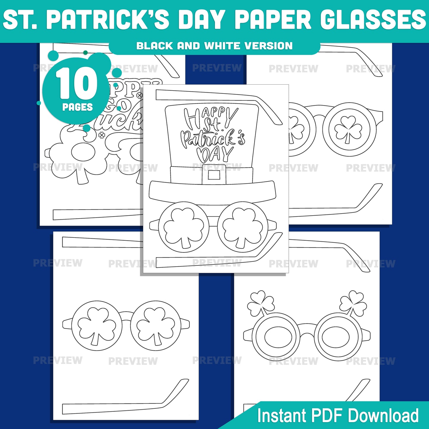 St Patrick’s Day Paper Glasses Printable Activity, Shamrock Glasses Craft, 10 Designs, Pre-Colored and Black & White, Instant Download for Classroom