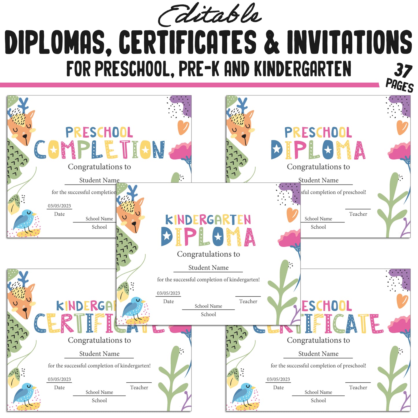 Preschool, Pre K, Kindergarten Graduation Certificates, Diplomas & Invitations, 37 Customizable PDF Pages, Instant Download