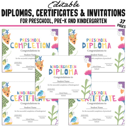 Preschool, Pre K, Kindergarten Graduation Certificates, Diplomas & Invitations, 37 Customizable PDF Pages, Instant Download