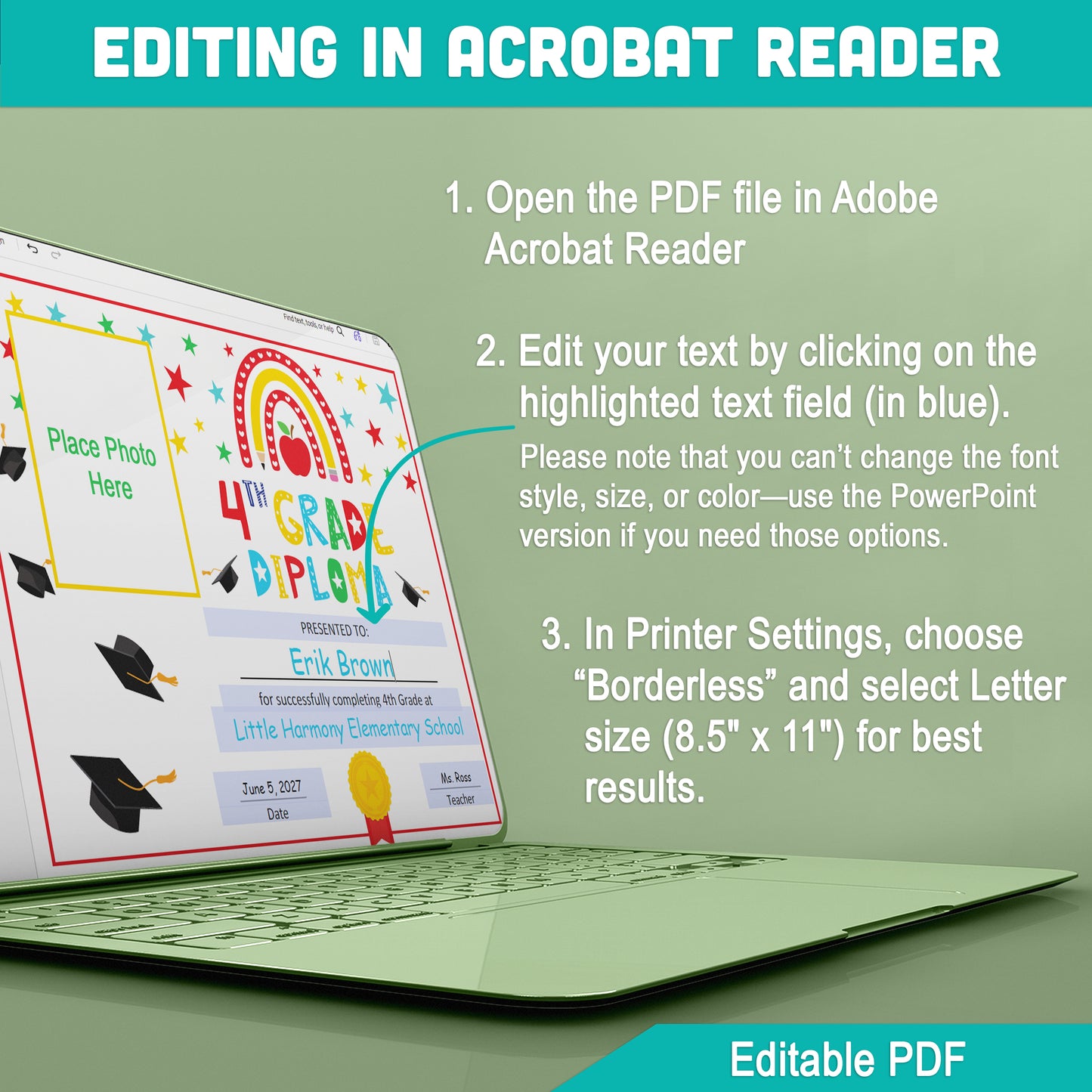 Editable 4th Graduation Diploma & Certificate Set, Printable Rainbow Stars Awards, Photo and No-Photo Options, PDF, PowerPoint, Canva