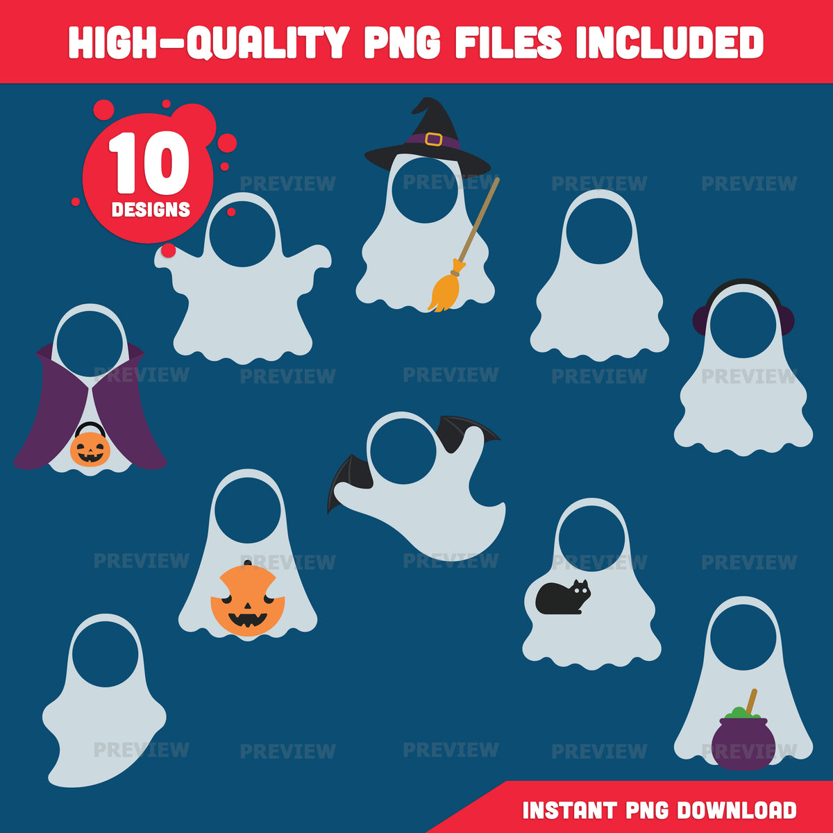 Ghost Templates, Halloween Craft for Kids, Add Your Own Face Activity, 10 Unique Designs, PDF + PNG Files, Coloring Version Included, 300 DPI, A4