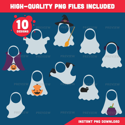 Ghost Templates, Halloween Craft for Kids, Add Your Own Face Activity, 10 Unique Designs, PDF + PNG Files, Coloring Version Included, 300 DPI, A4