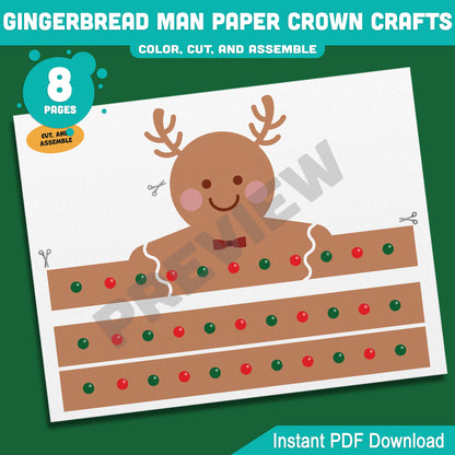 Printable Gingerbread Man Paper Crown Crafts, Christmas Hat and Headband Winter Craft, Holiday Party Paper Hat, Cut, Color & Assemble Activity, 4 Designs, Pre-color + Black & White