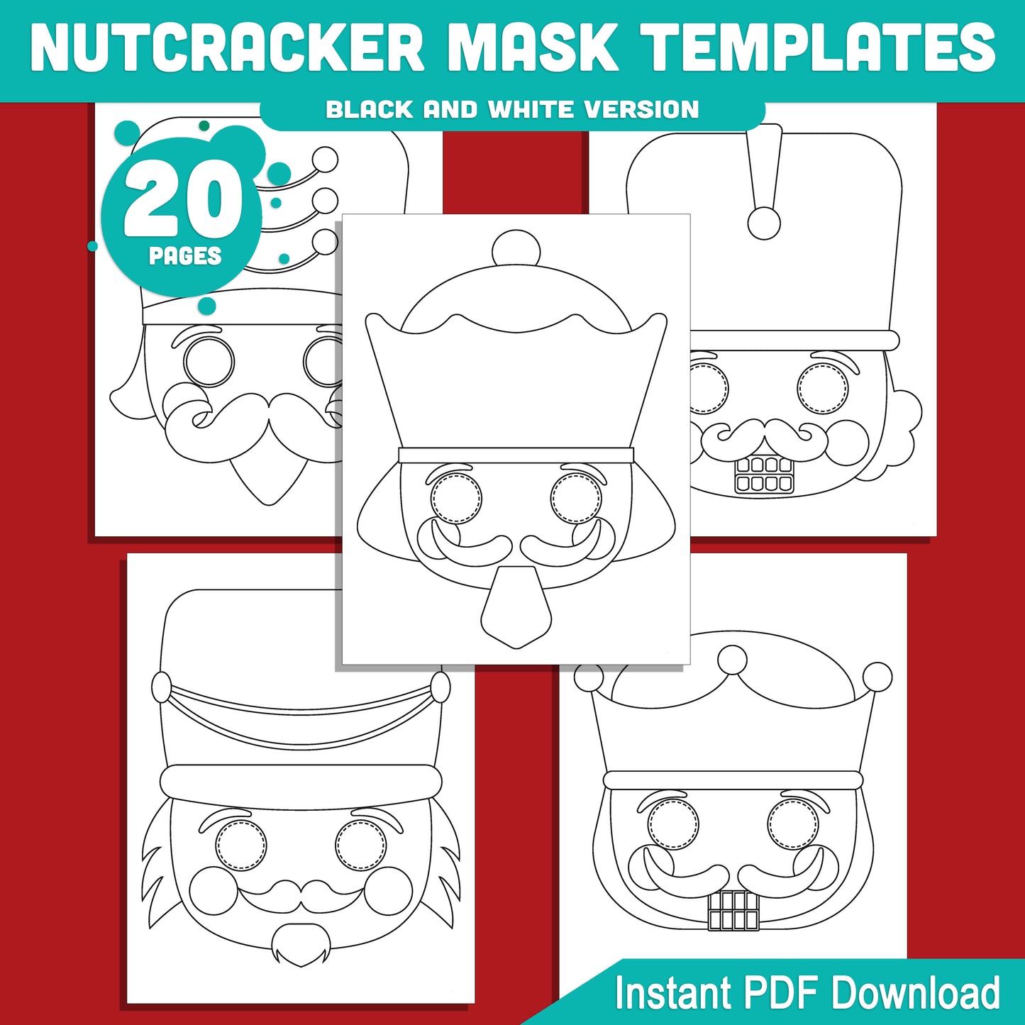 Printable Nutcracker Mask Templates: Holiday Craft for Kids, 10 Designs, Pre-Colored + Black and White, Perfect for Christmas School Play or Home Party, PDF