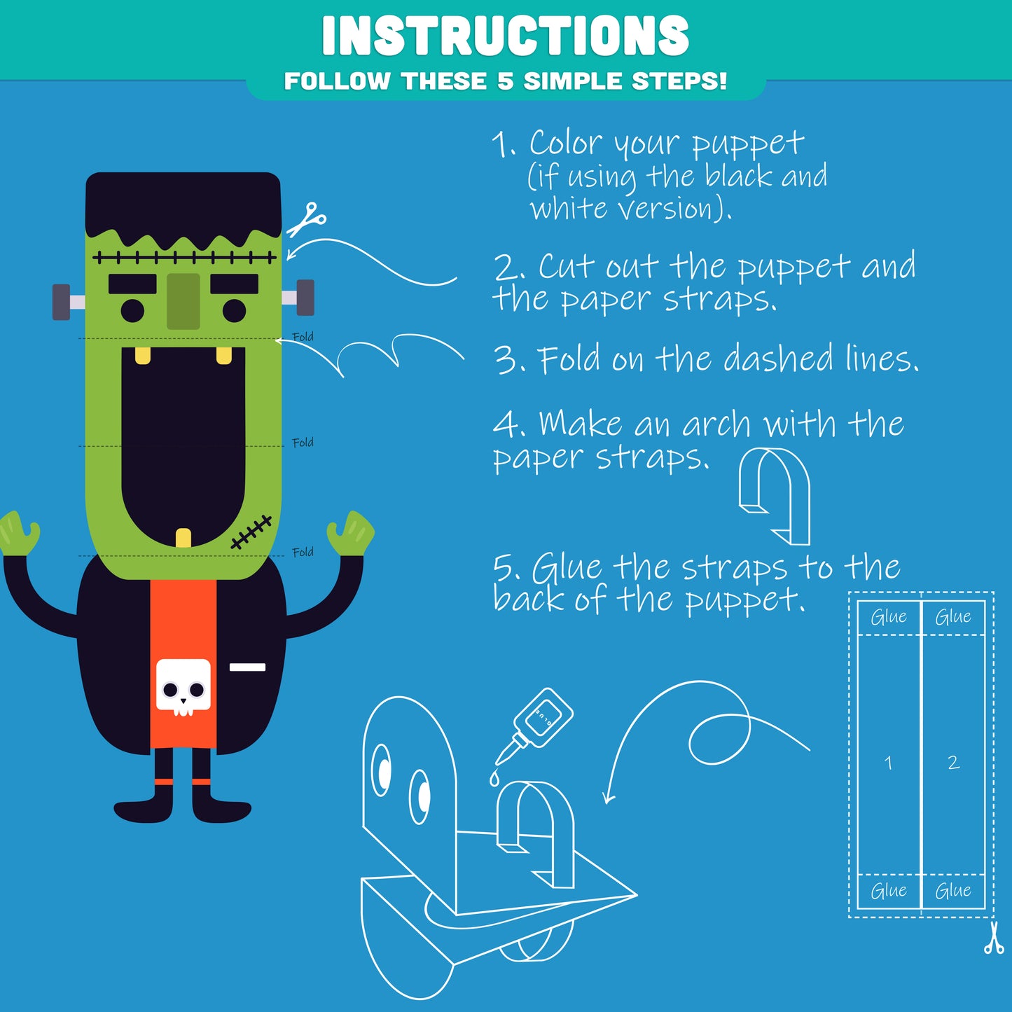 Halloween Paper Puppet Characters: 10 Fun Designs, 5 Ready to Use + 5 to Color, High Resolution 300 DPI, Perfect for Holiday Classroom and Home Crafts