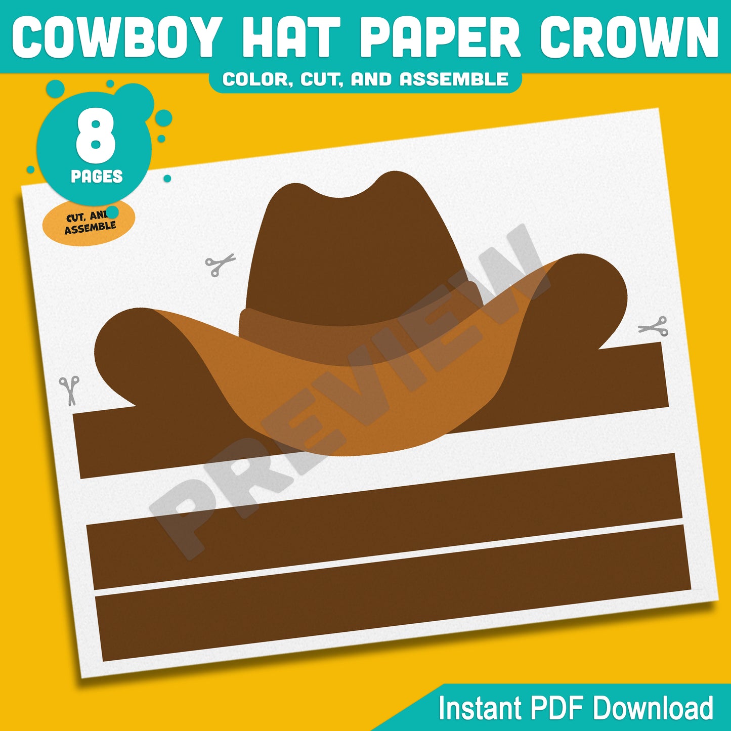 Cowboy and Cowgirl Paper Hat Crowns – Western-Themed Headband Crafts for Kids, 4 Designs, Pre-Colored & Black and White, PDF