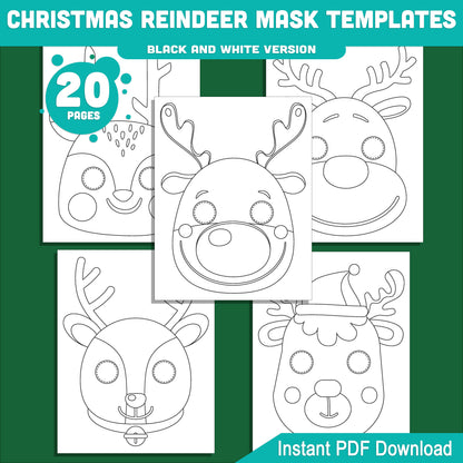 Printable Christmas Reindeer Mask Templates: 10 Fun Designs, 20 Pages (10 Pre-Colored + 10 Black and White), Perfect for School or Home Holiday Craft, PDF