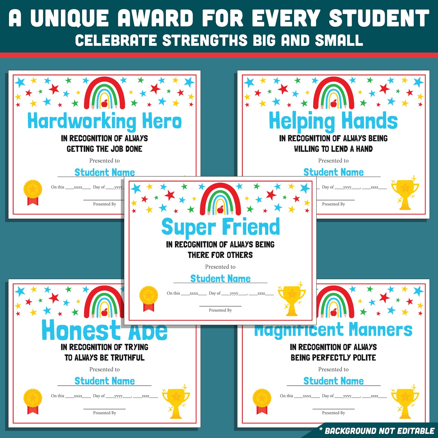 Student Awards Certificates, Printable Classroom Recognition Pack, 26 Editable Designs, Achievement Honors, Simple Editing, Teacher Friendly Resource