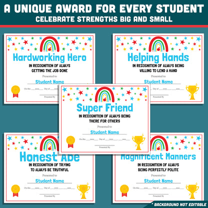 Student Awards Certificates, Printable Classroom Recognition Pack, 26 Editable Designs, Achievement Honors, Simple Editing, Teacher Friendly Resource