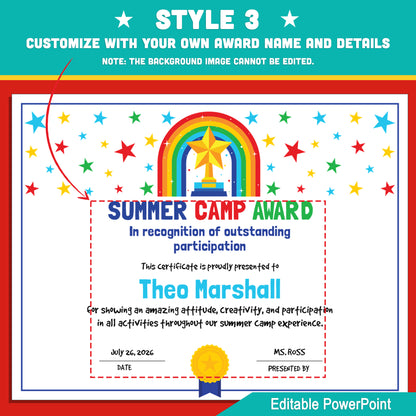 Editable Summer Camp Award – 4 Certificate Styles with Photo Options to Celebrate Camp Stars in STEM, Arts, Music, or Any Summer Program