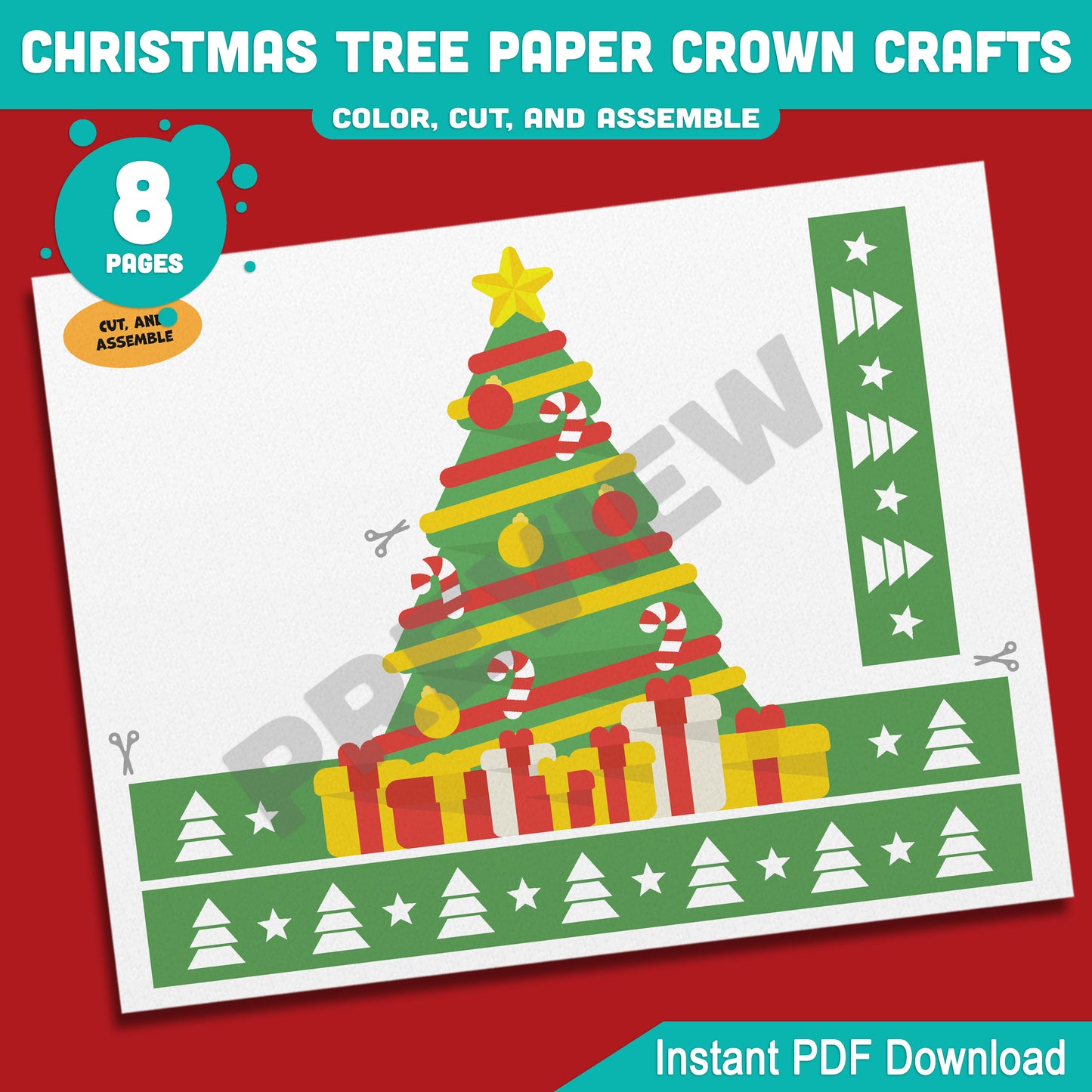 Printable Christmas Tree Paper Crown Crafts, Coloring Hat and Headband for Winter Fun, Holiday Party Paper Hat, 4 Designs, Pre-color + Black & White, PDF Download