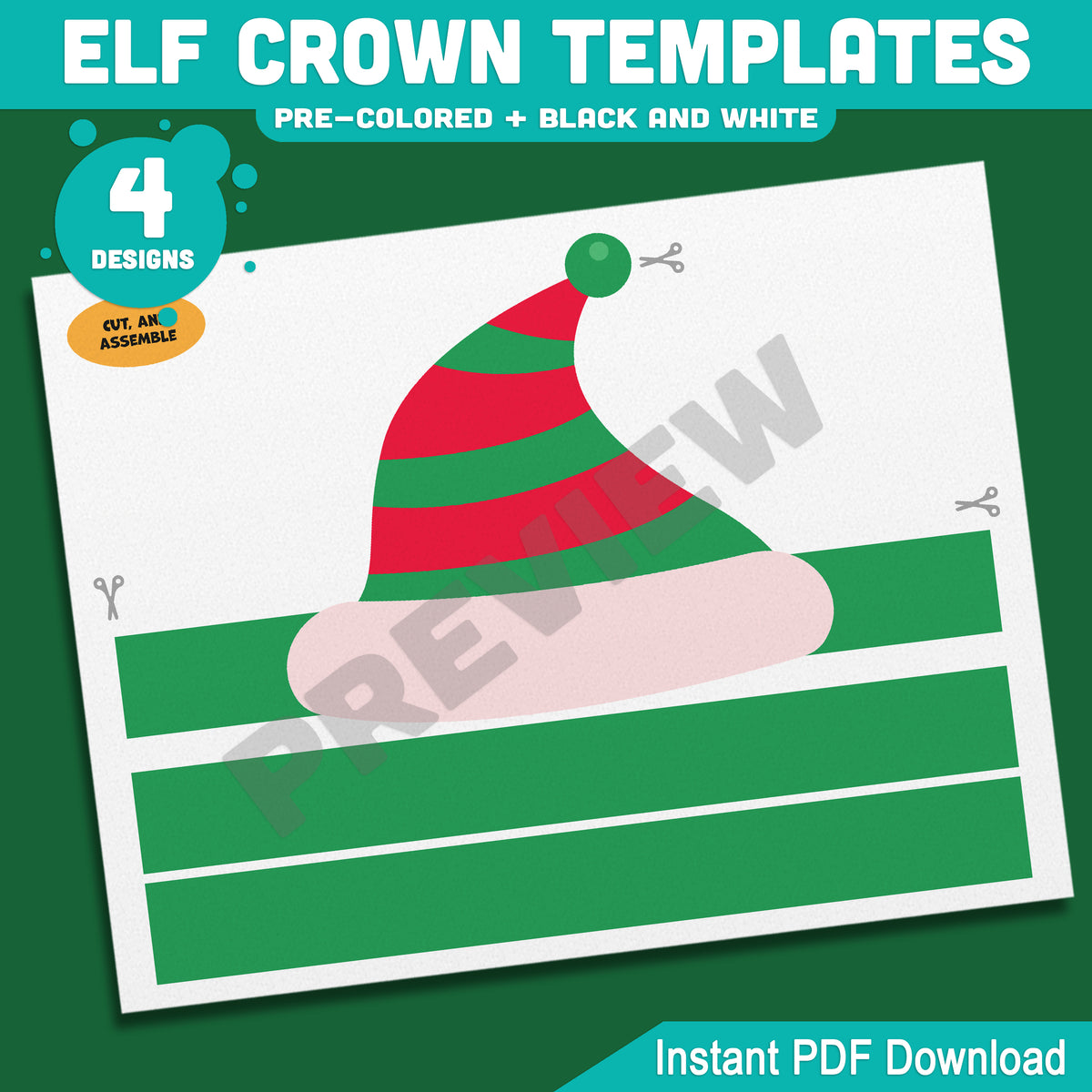 Elf Crown Templates, Christmas Coloring and Cutting Activity