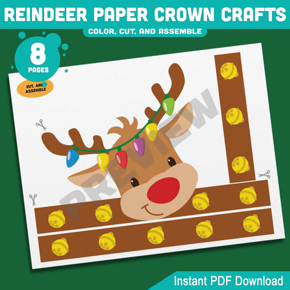 Printable Christmas Reindeer Paper Crown Crafts, Coloring Headband and Party Hat Activity, Winter Play Craft for Kids, 4 Designs, Pre-color + Black & White