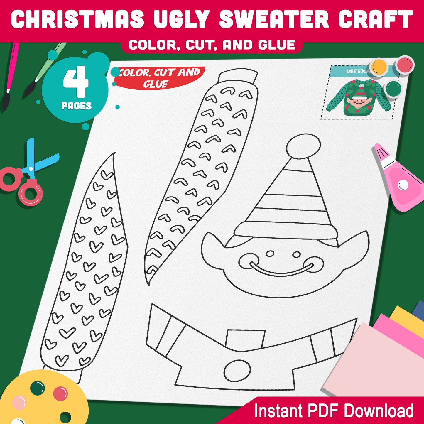 Holiday Ugly Sweater Craft for Kids: Creative Christmas Template for PreK to 2nd Grade, Fun Color, Cut, and Glue PDF Activity, Instant Download