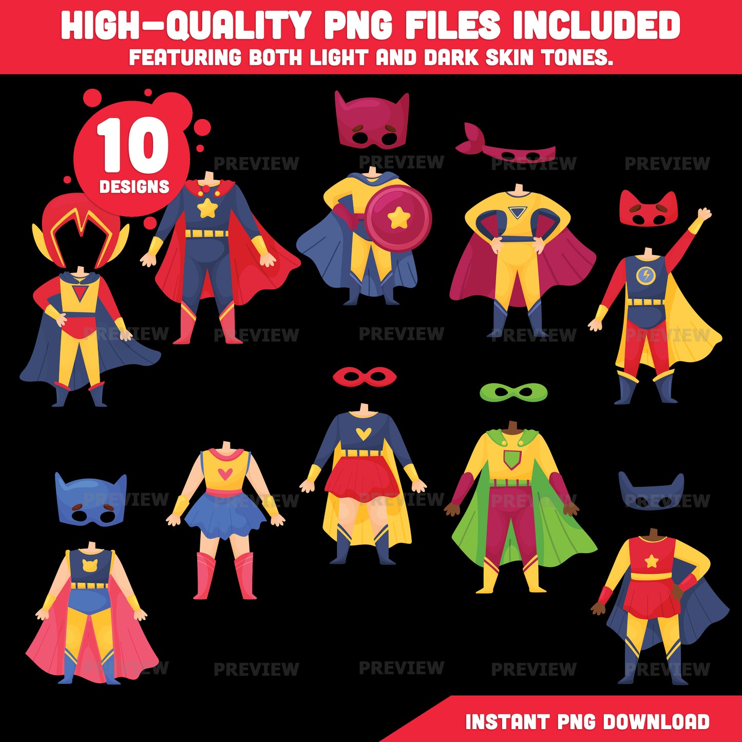 Printable Superhero Body Cutouts – Add Your Own Face Kids Craft Activity, Coloring Version Included, 10 Unique Designs, PDF + PNG Files