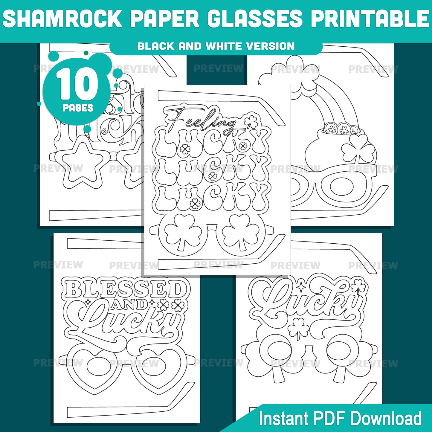 Shamrock Paper Glasses Printable, St. Patrick’s Day Glasses Craft Activity for Kids, 10 Designs, Pre-Colored and Black & White PDF