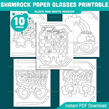Shamrock Paper Glasses Printable, St. Patrick’s Day Glasses Craft Activity for Kids, 10 Designs, Pre-Colored and Black & White PDF