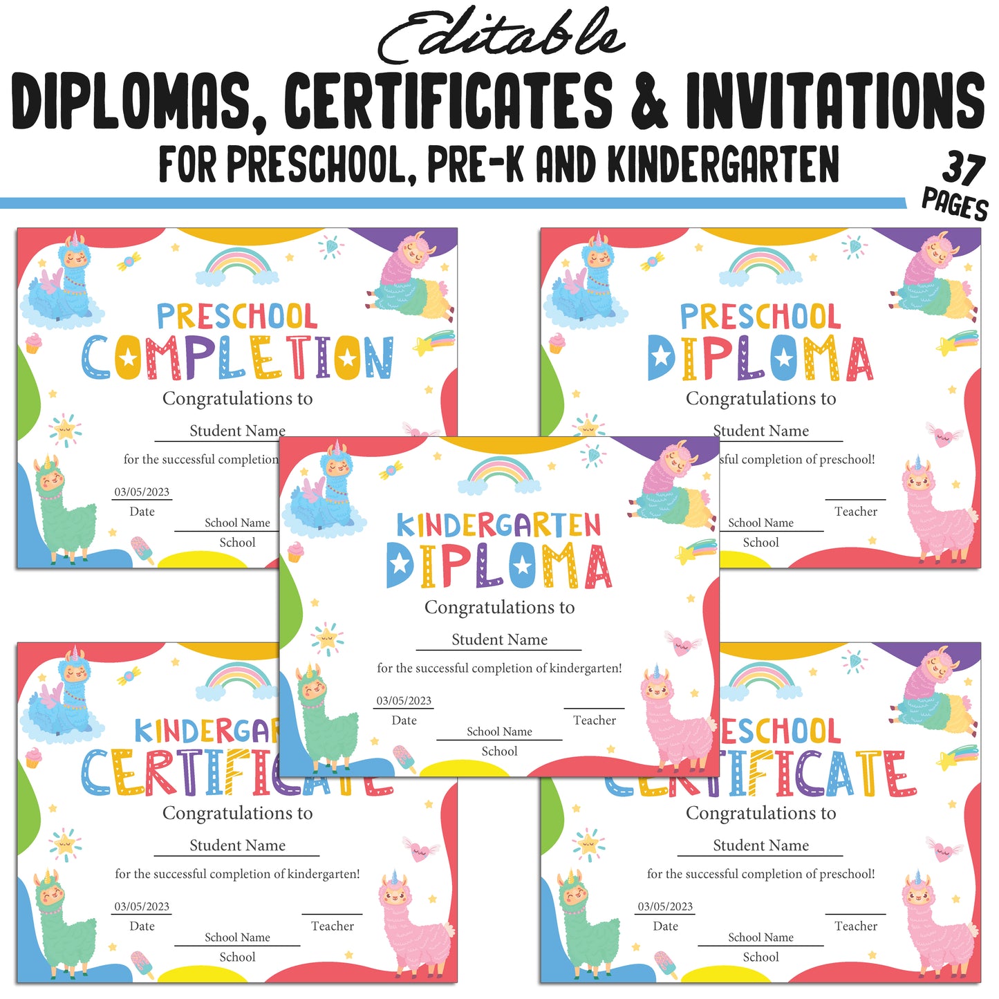 37 Editable Kindergarten Diploma Template, Pre-K, Preschool Certificates of Completion, and Invitations – Instant PDF Download!