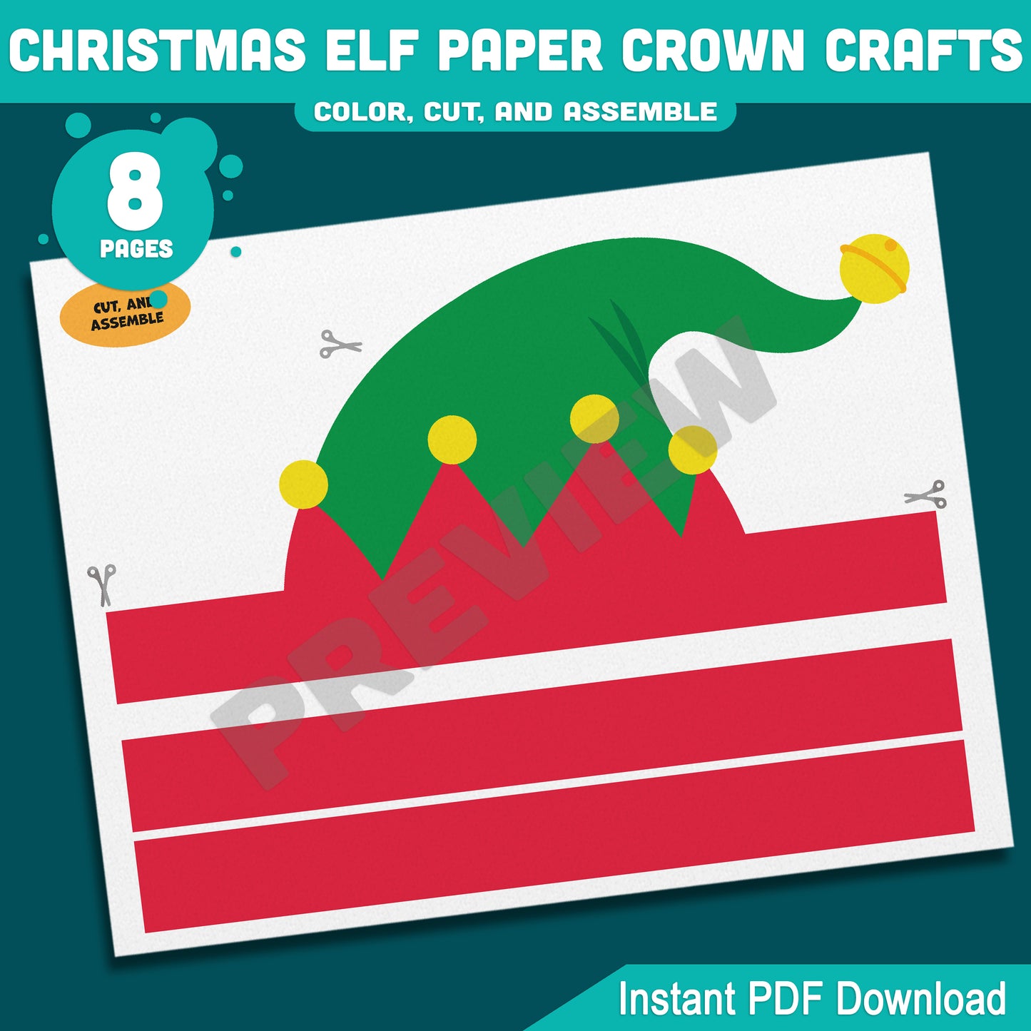 Printable Christmas Elf Paper Crown Crafts, Fun Winter Hat and Headband Activity, Christmas Play Paper Hat to Color, Cut & Assemble, 4 Designs, Pre-color + Black & White, Instant PDF Download