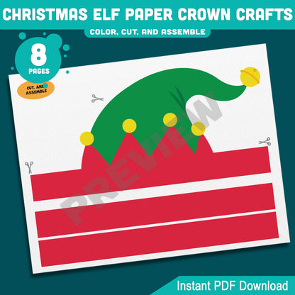 Printable Christmas Elf Paper Crown Crafts, Fun Winter Hat and Headband Activity, Christmas Play Paper Hat to Color, Cut & Assemble, 4 Designs, Pre-color + Black & White, Instant PDF Download