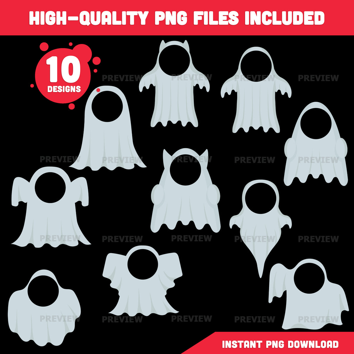 Ghost Body Templates, Photo Craft for Kids, Add Your Own Face, Halloween Activity, 10 Unique Designs, PDF + PNG Files, Coloring Version Included, 300 DPI