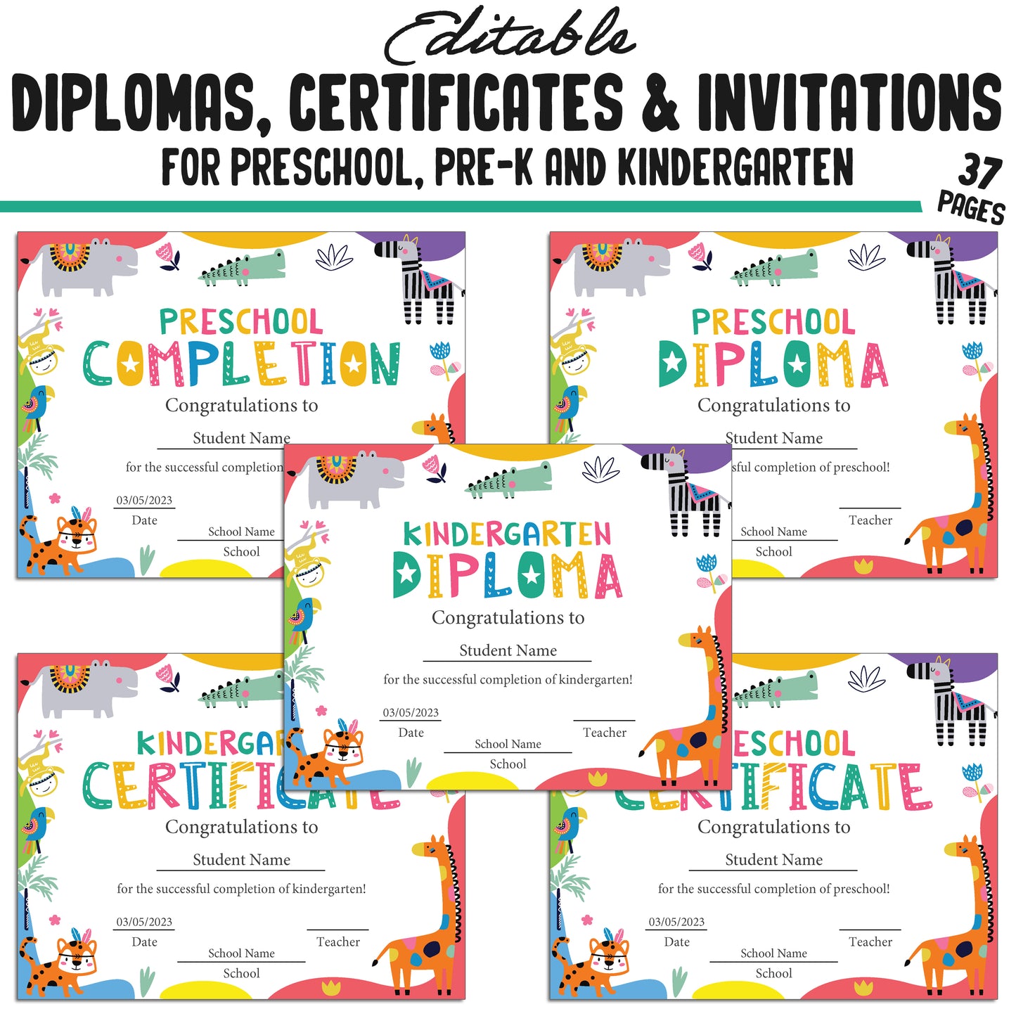 37 Editable Kindergarten, Pre-K, and Preschool Diplomas, Certificates, and Invitations Templates, PDF Files, Instant Download