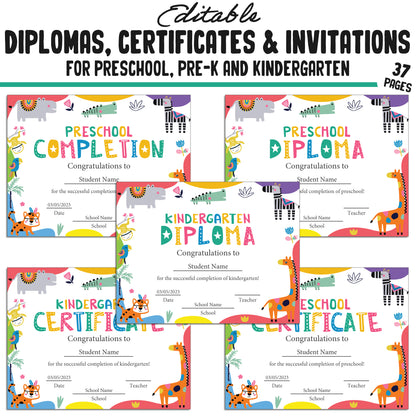 37 Editable Kindergarten, Pre-K, and Preschool Diplomas, Certificates, and Invitations Templates, PDF Files, Instant Download