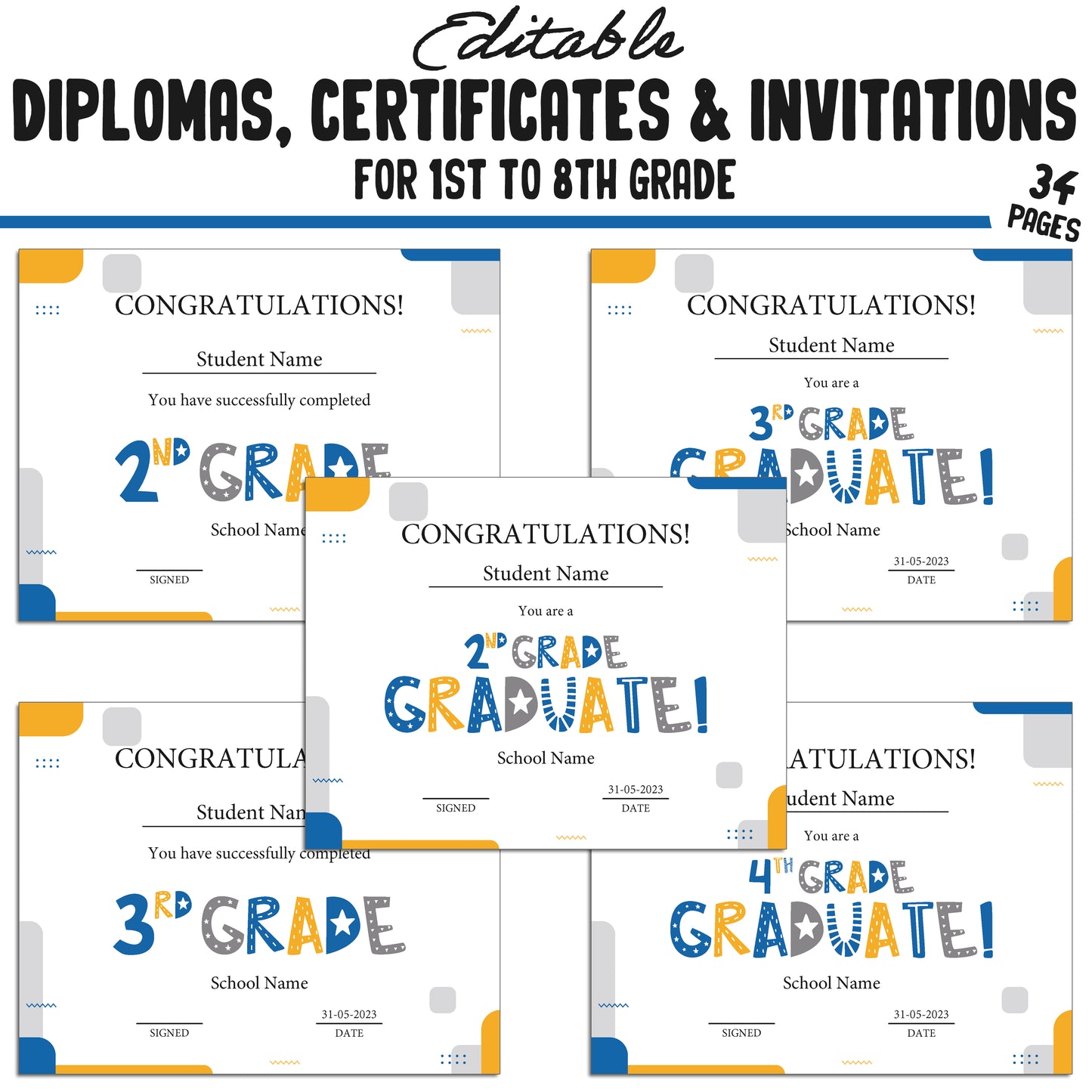 Editable 1st Grade Diploma, 1st-8th Grade Certificates, and Invitation Templates in a Simple & Modern Theme, PDF Instant Download.