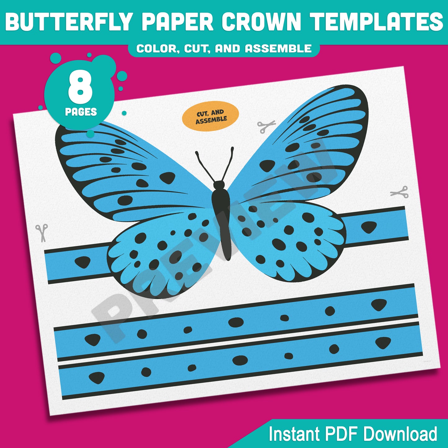 Printable Butterfly Paper Crowns – 4 Adorable Designs for Spring Headband Crafts, Pre-Colored + B&W Versions, 8 Pages for Kids