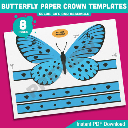 Printable Butterfly Paper Crowns – 4 Adorable Designs for Spring Headband Crafts, Pre-Colored + B&W Versions, 8 Pages for Kids