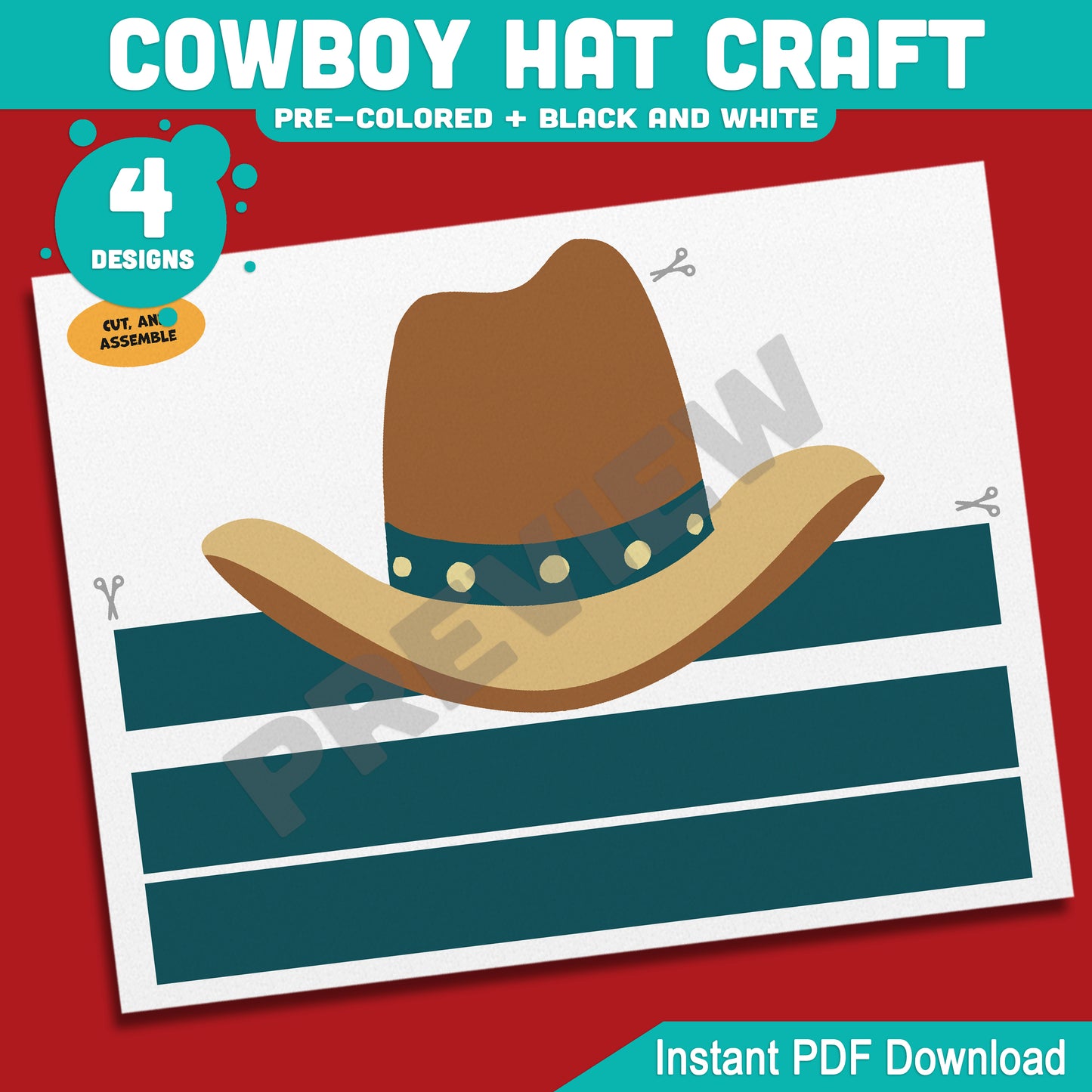 Cowboy Hat Craft, Wild West Headband Activity, Cowgirl & Cowboy Coloring Template, Summer Fun Printable, PDF Download