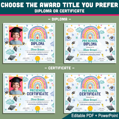Unique Certificates and Diplomas, Watercolor Graduation Keepsakes for Preschool & Beyond, Editable Awards, With and Without Photo, PDF PowerPoint