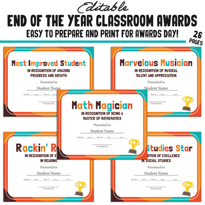 Editable Class Superlative End-of-Year Student Awards, 26 Pages, PDF, Instant Download – Perfect for Classroom and Student Achievements.