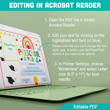 Editable Preschool Graduation Diploma & Certificate Set, Printable Awards with Student Photo Option, Rainbow Stars Theme, Edit in PDF, PowerPoint, Canva