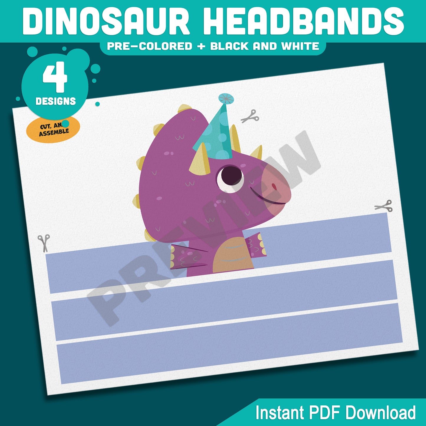 Dinosaur Birthday Headbands, Printable Paper Crowns, Color Your Own Party Hats, Wearable Dinosaur Craft, 4 Designs, US Letter, A4