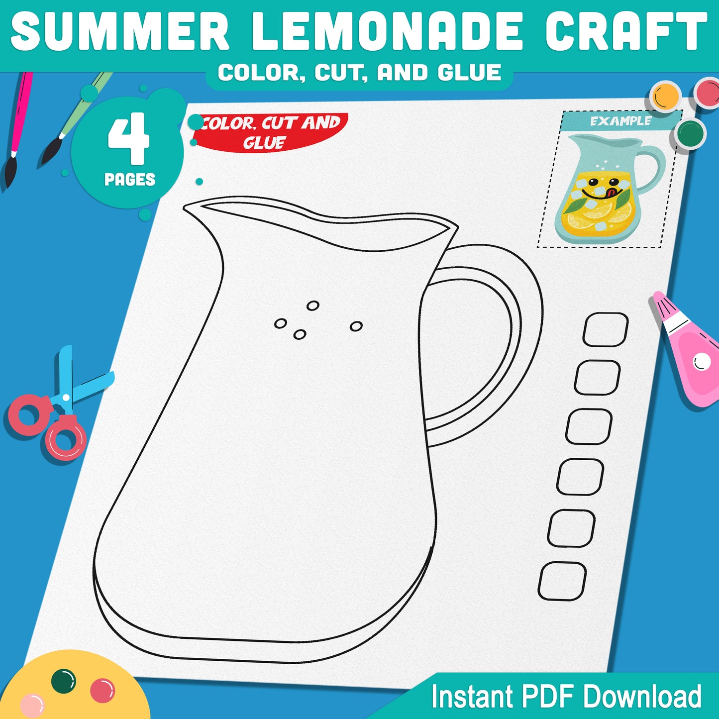 Summer Lemonade Craft, Scissor Skills Printable, Refreshing Drink Creation, Warm Weather Learning Packet, Instant PDF