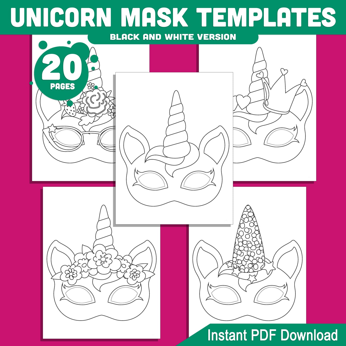 Fun Unicorn Mask Templates: Printable Kids’ Birthday Face Masks, Pre-Colored & Black & White, Ideal for Costumes, Party Favors & Play, Instant PDF.