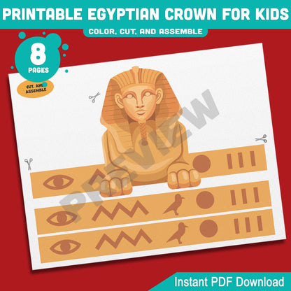 Printable Egyptian Crown for Kids, Pharaoh Cleopatra Sphinx Anubis Paper Hat and Headband Crafts, Fun Color Cut & Wear Activity, 5 Designs, PDF
