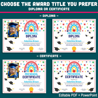 Editable Graduation Certificate Templates, Student Keepsake Awards with Photo and No-Photo Versions, PDF and PowerPoint