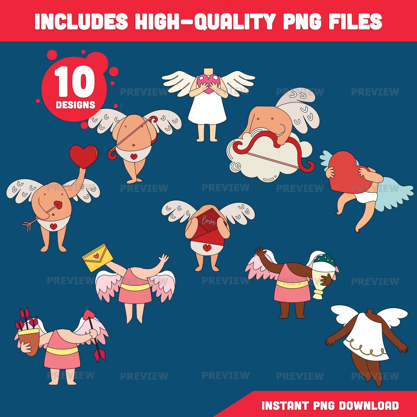 Cupid Body Templates Add Your Face – Valentine Crafts, Valentine’s Day Body Templates, Coloring Version Included, PDF & PNG