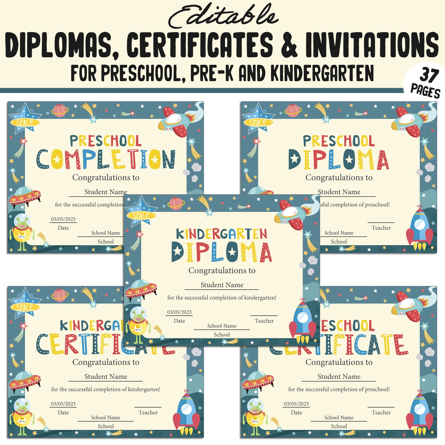 Kindergarten Certificates End of the Year, Preschool, Pre K, Diplomas & Invitations, 37 Customizable PDF Pages, Instant Download