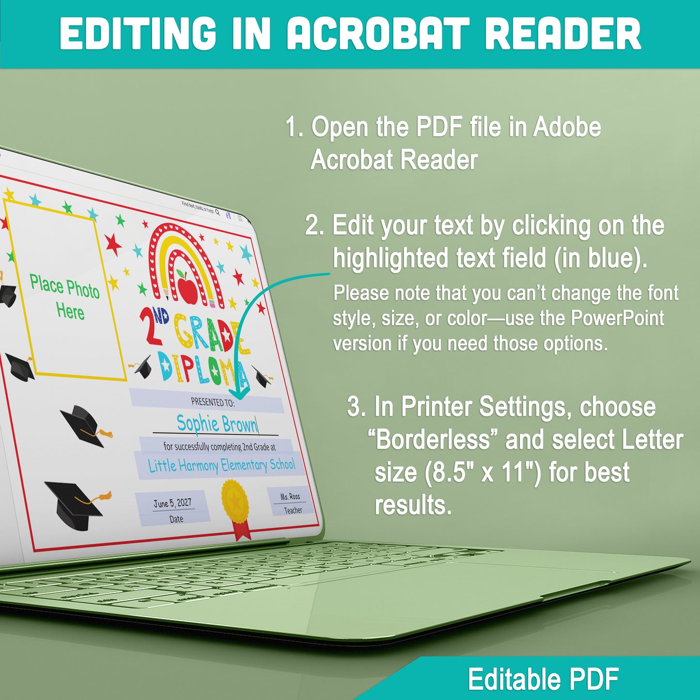 Editable 2nd Graduation Diploma & Certificate Set, Printable Rainbow Stars Awards, Photo and No-Photo Options, PDF, PowerPoint, Canva