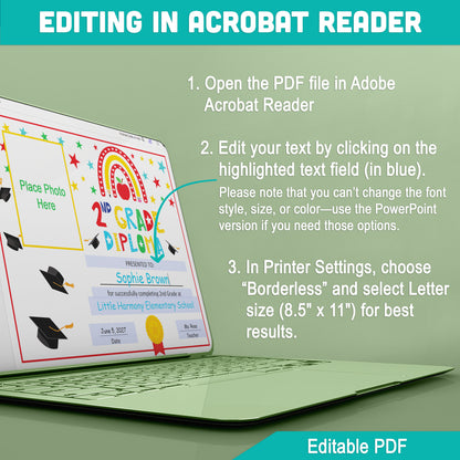 Editable 2nd Graduation Diploma & Certificate Set, Printable Rainbow Stars Awards, Photo and No-Photo Options, PDF, PowerPoint, Canva