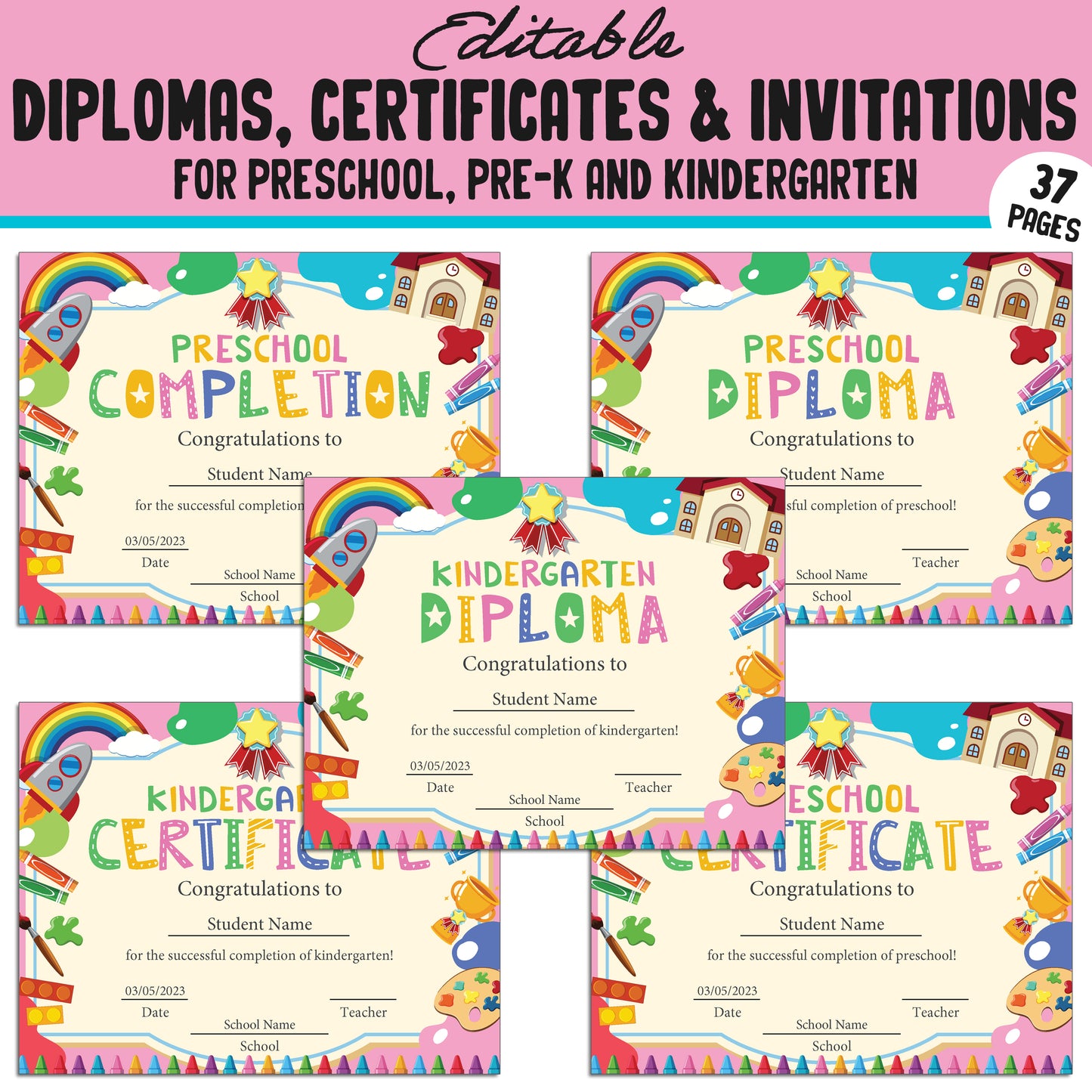 Editable Preschool, Pre-K, and Kindergarten Diplomas, Certificates, and Invitations – 37 Customizable PDF Pages, Instant Download