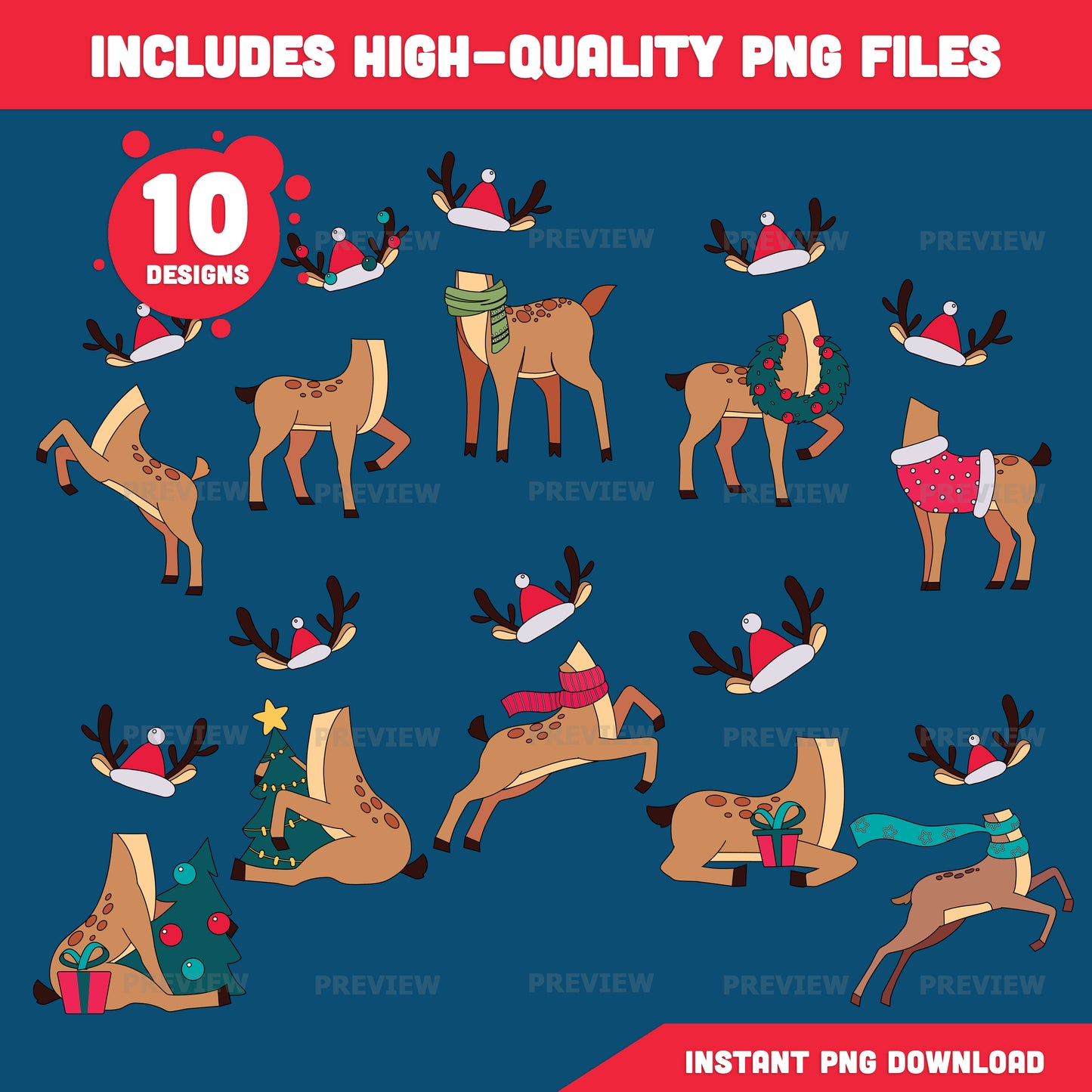 Reindeer Add Your Face Templates, Winter Add-Your-Face Body Craft, Coloring Version Included, High-resolution PDF + PNG Files, 10 Festive Printable Designs for Kids