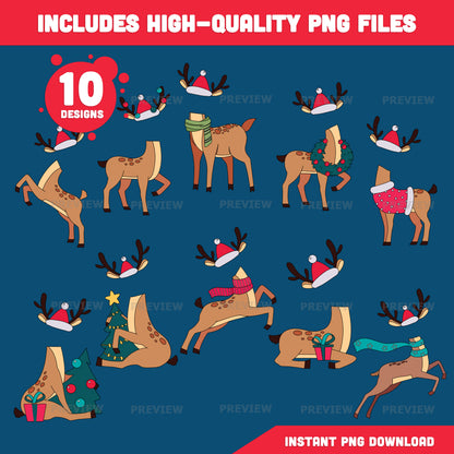 Reindeer Add Your Face Templates, Winter Add-Your-Face Body Craft, Coloring Version Included, High-resolution PDF + PNG Files, 10 Festive Printable Designs for Kids