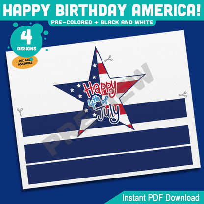 Happy Birthday America! 4th of July Hat, Headband & Crown Craft, Printable Patriotic Dress Up Activity for Kids